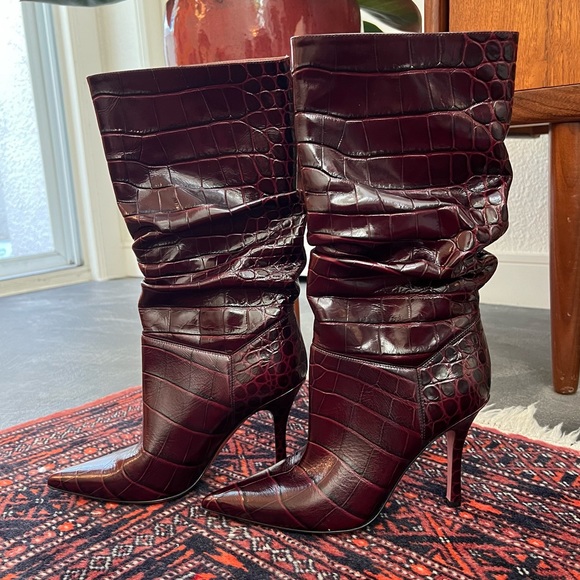 Amina Muaddi Ida Croc Embossed Leather Boots - Picture 1 of 8